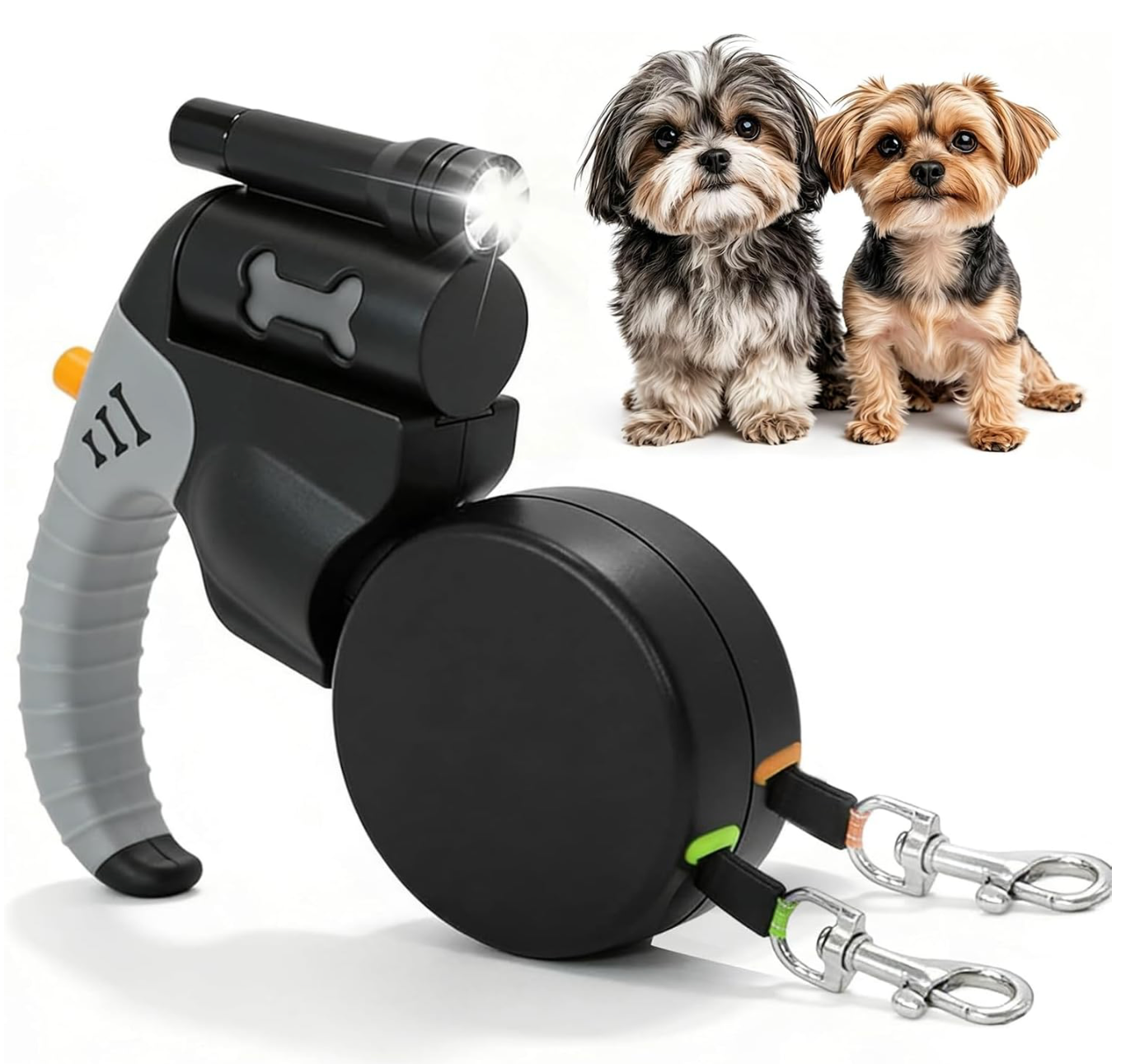 DuoPaw · Correa retráctil doble para 2 perros con linterna LED