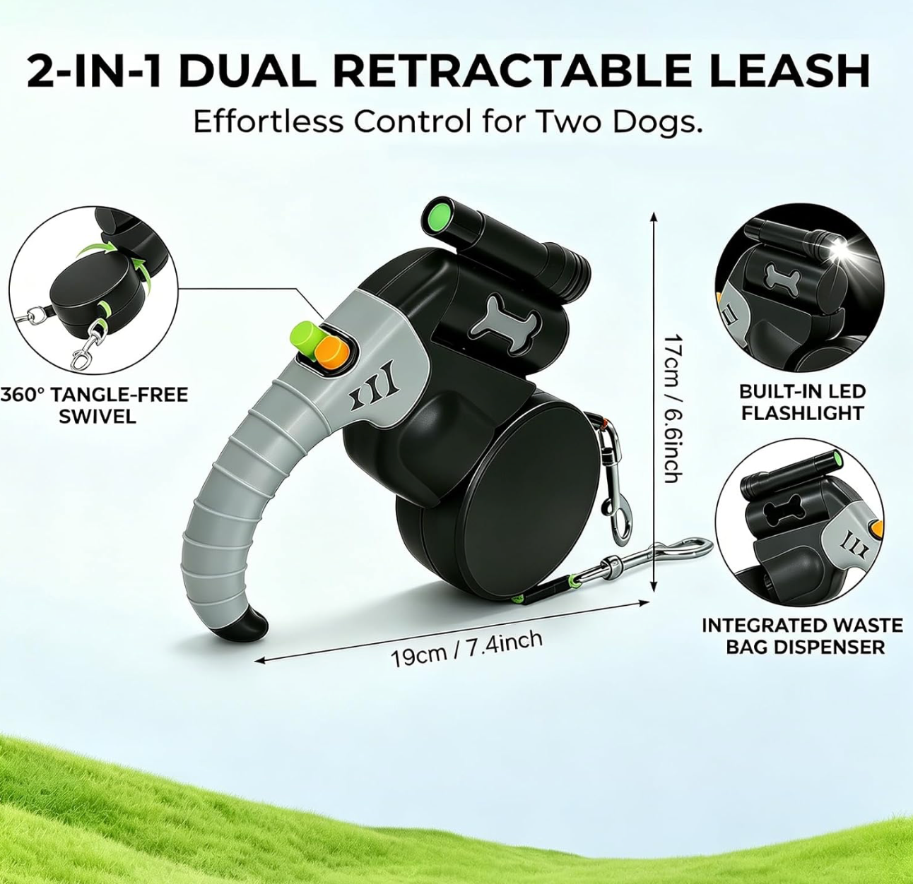 DuoPaw · Correa retráctil doble para 2 perros con linterna LED