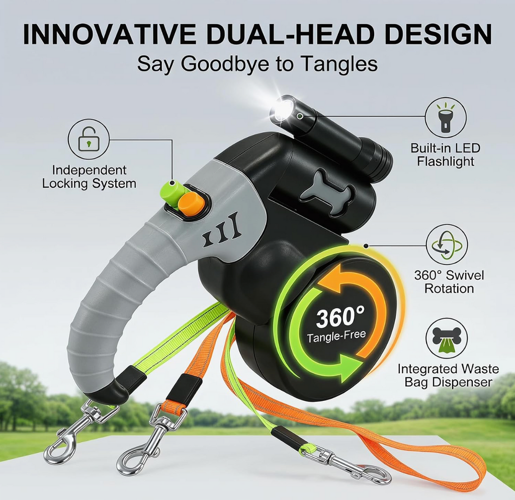 DuoPaw · Correa retráctil doble para 2 perros con linterna LED