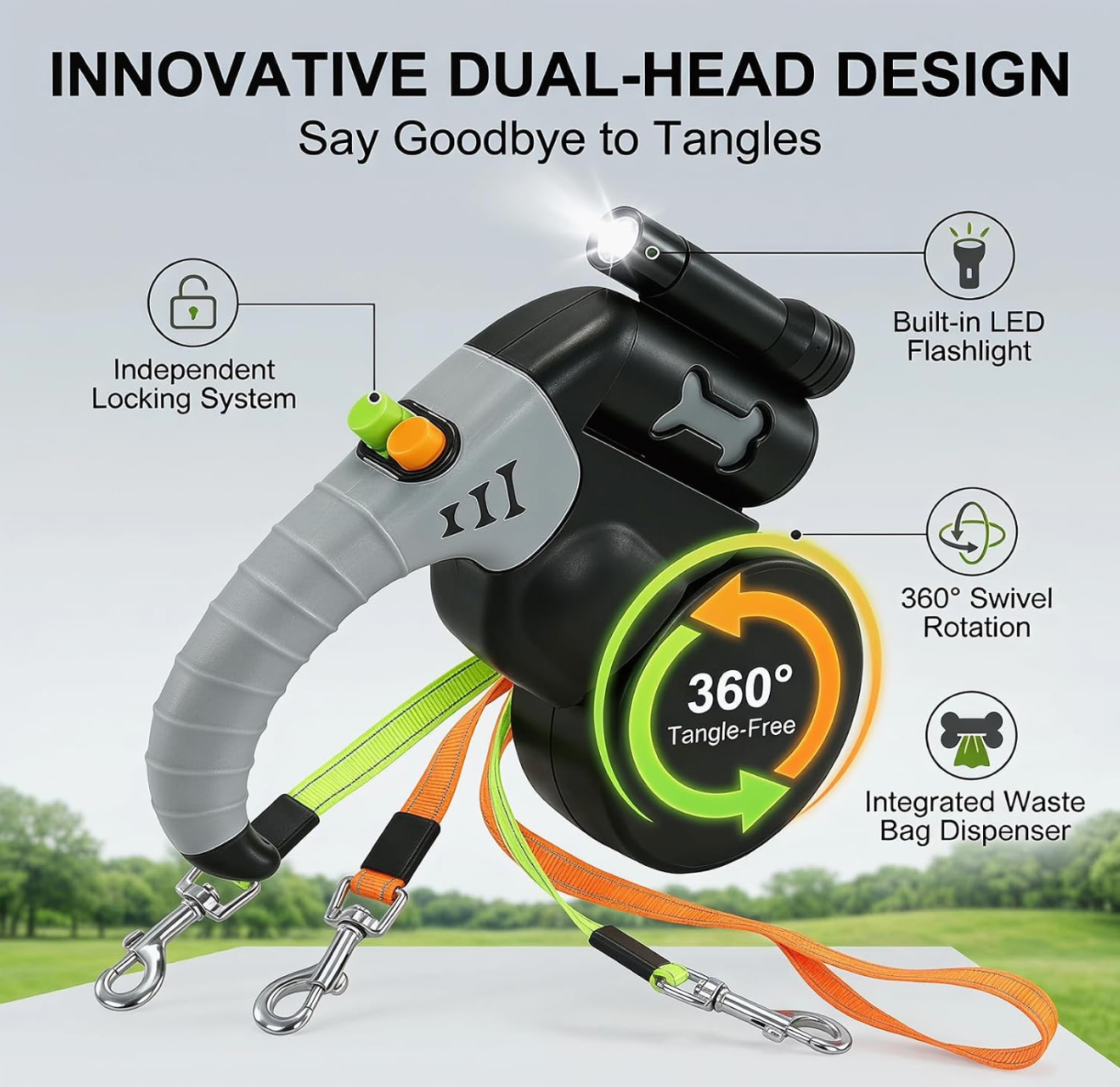 DuoPaw · Correa retráctil doble para 2 perros con linterna LED
