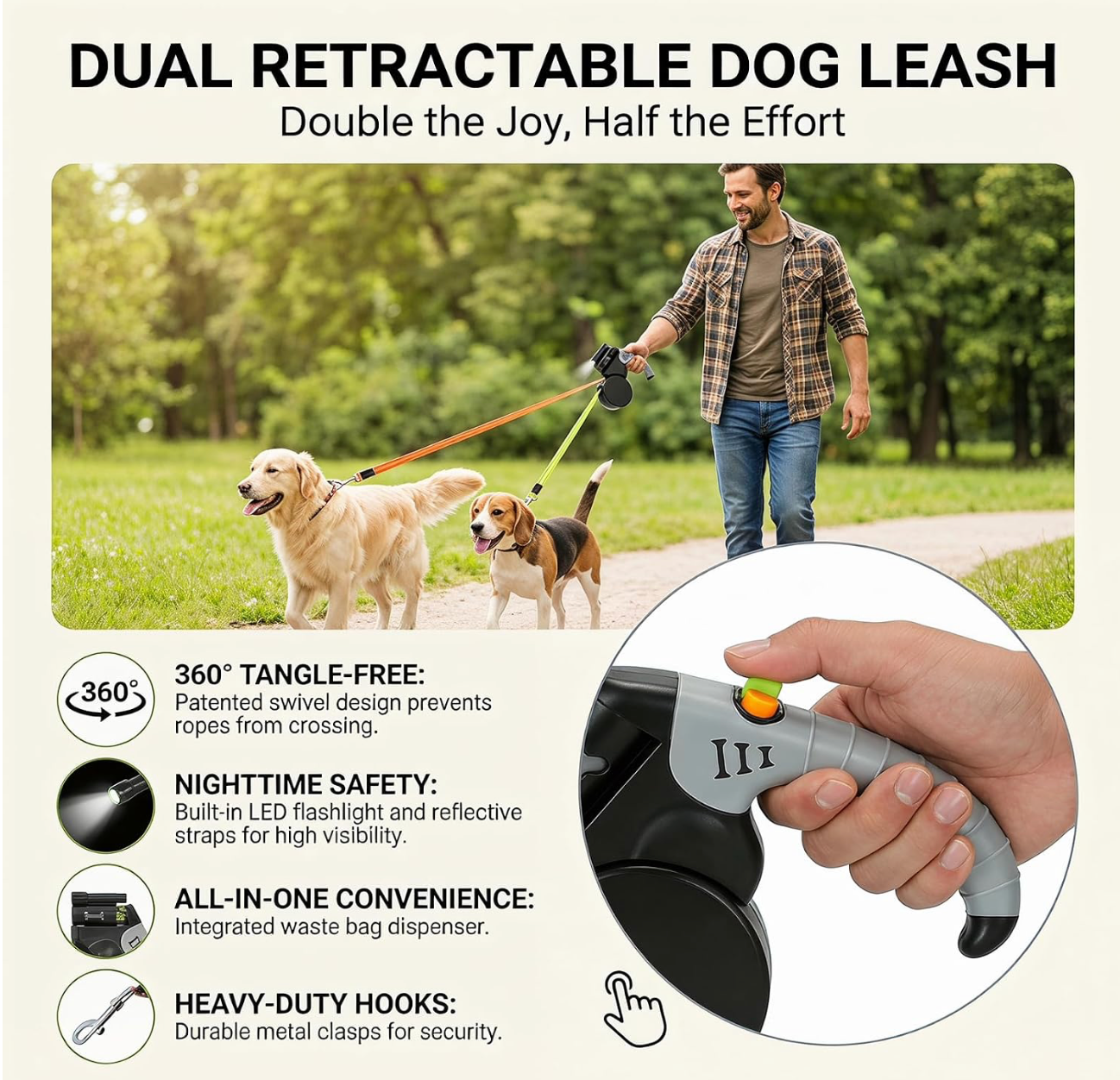 DuoPaw · Correa retráctil doble para 2 perros con linterna LED
