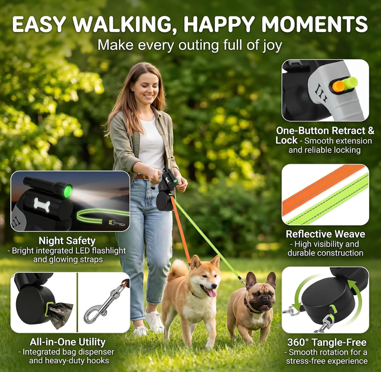 DuoPaw · Correa retráctil doble para 2 perros con linterna LED
