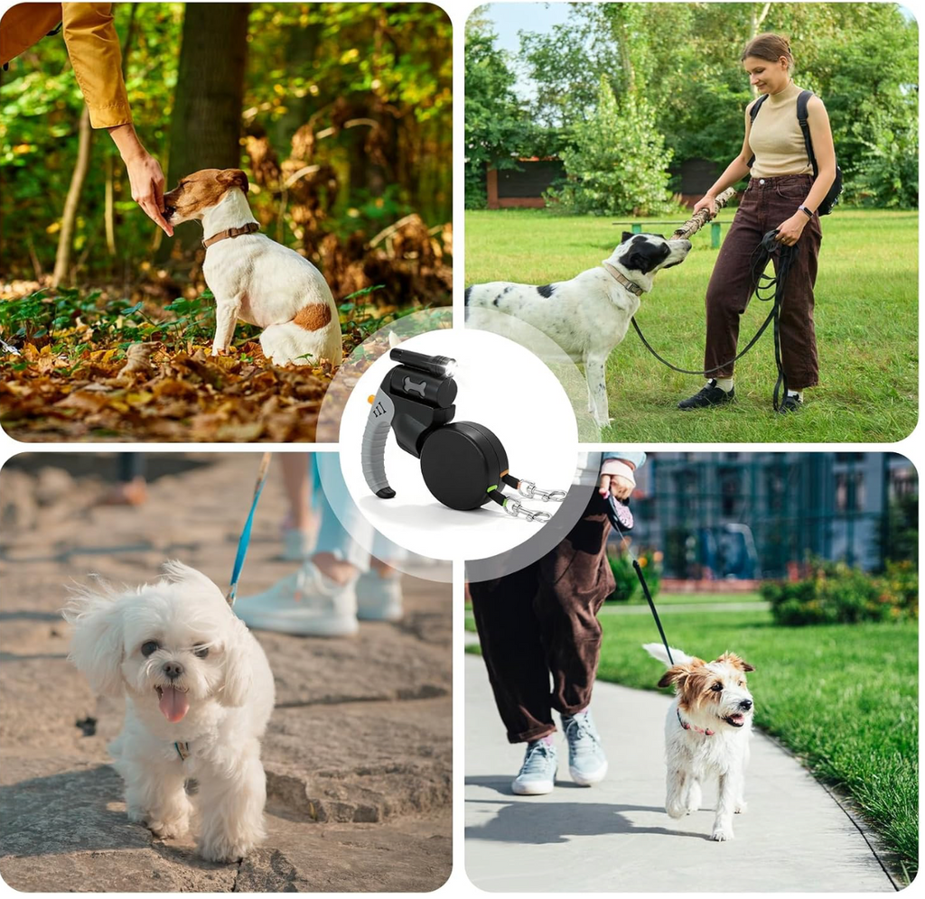 DuoPaw · Correa retráctil doble para 2 perros con linterna LED