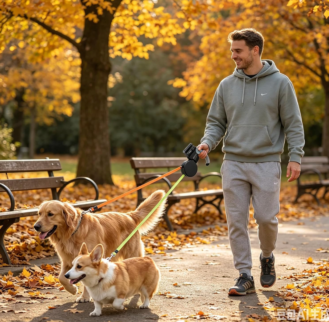 DuoPaw · Correa retráctil doble para 2 perros con linterna LED