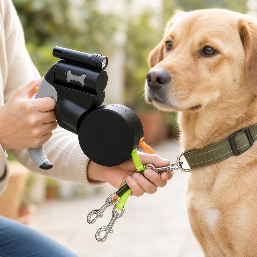 Enganchando el mosquetón DuoPaw al collar de un perro