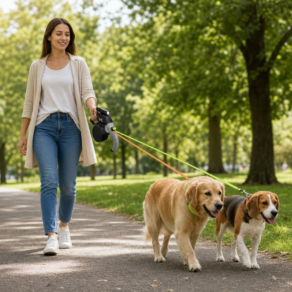 Paseando dos perros con la correa doble DuoPaw en el parque