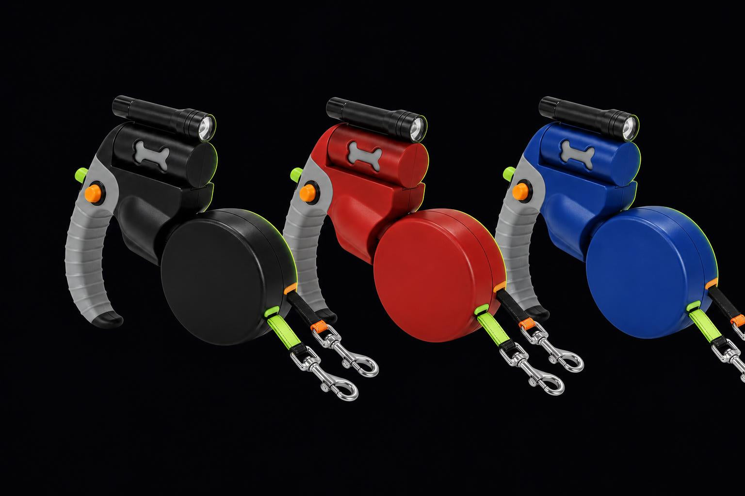 Los tres colores de la correa DuoPaw: negro, rojo y azul